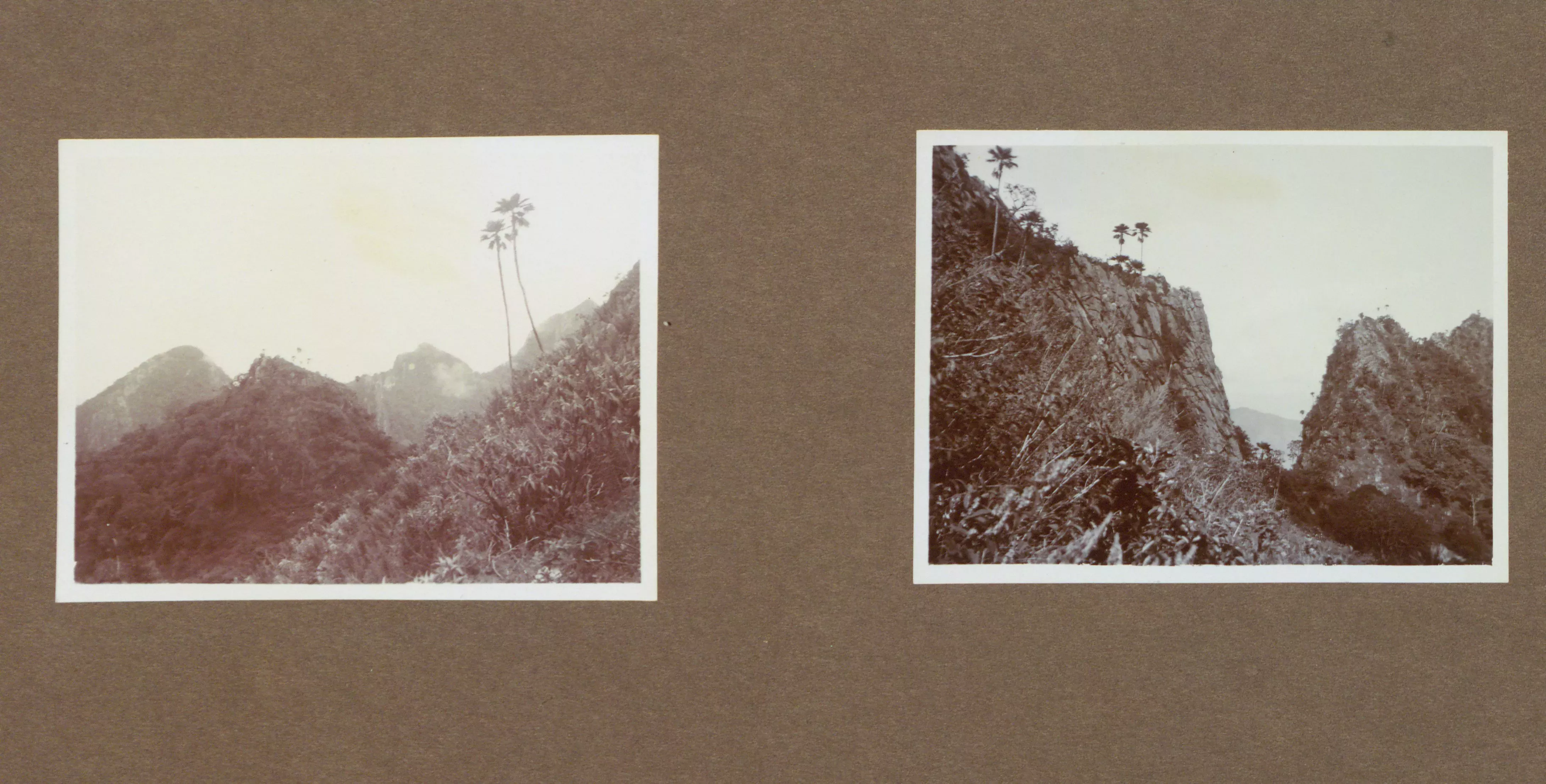 Two black and white old photographs of mountainous landscapes
