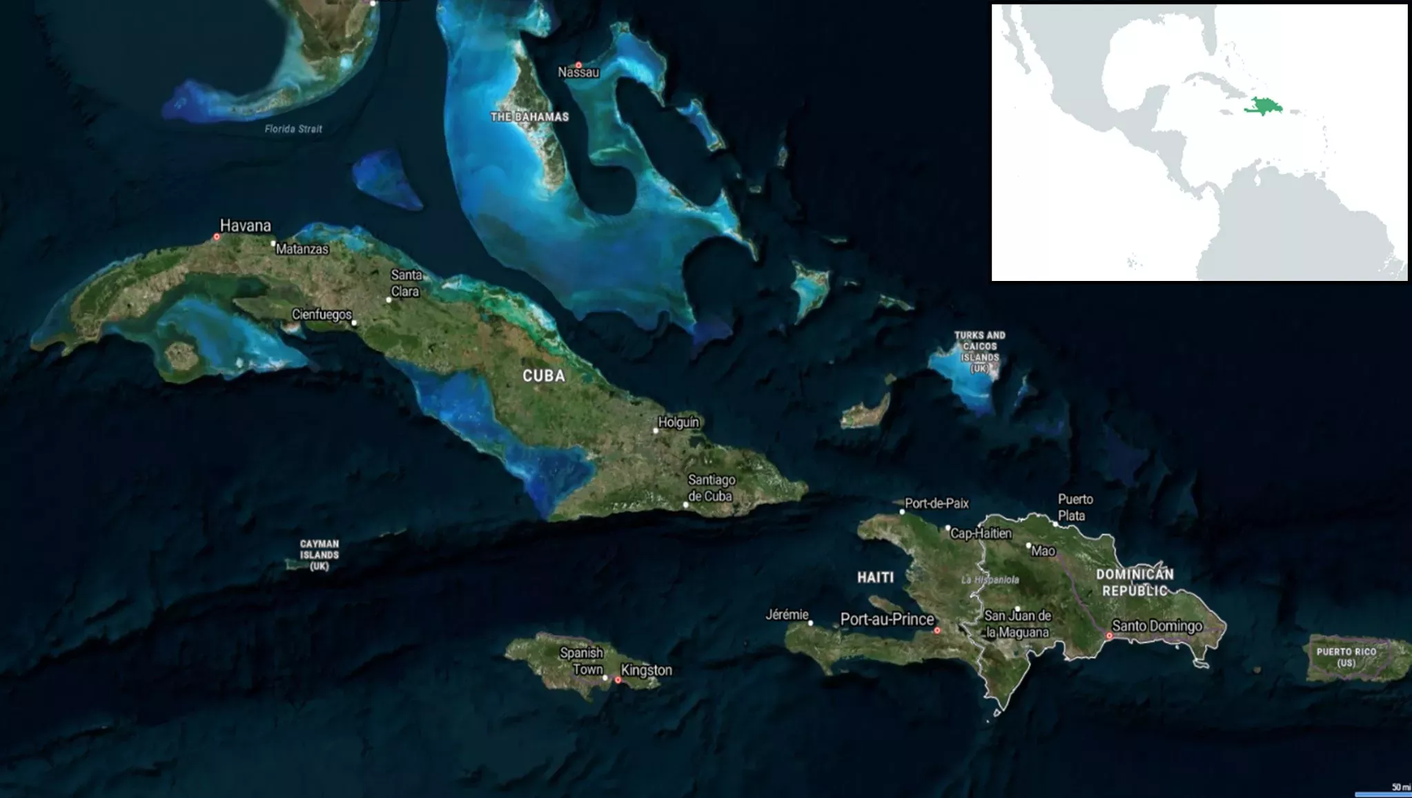 A map image shows the central location of the island of Hispaniola within the Caribbean isles.