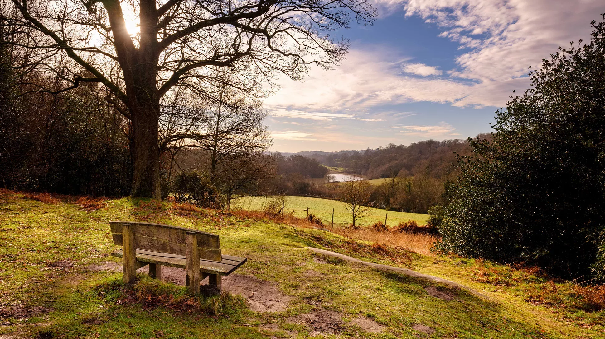 A bench overlooks an expansive valley, with a river running through and hills covered in trees.