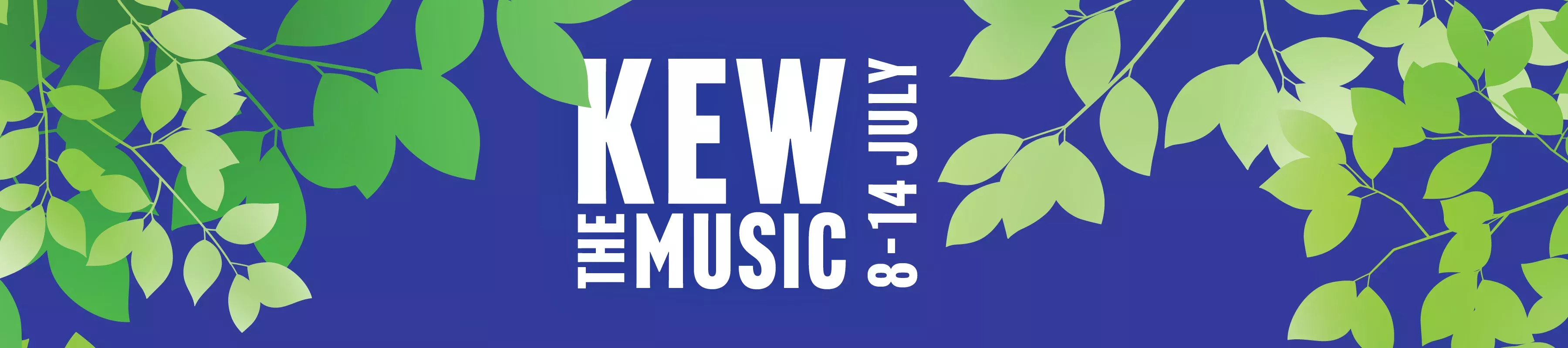 Graphic banner with text reading Kew the Music 8-14 July 2024, surrounded by illustrated leaves